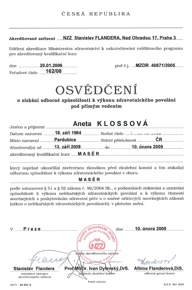 Osvědčení Masér ve zdravotnictví